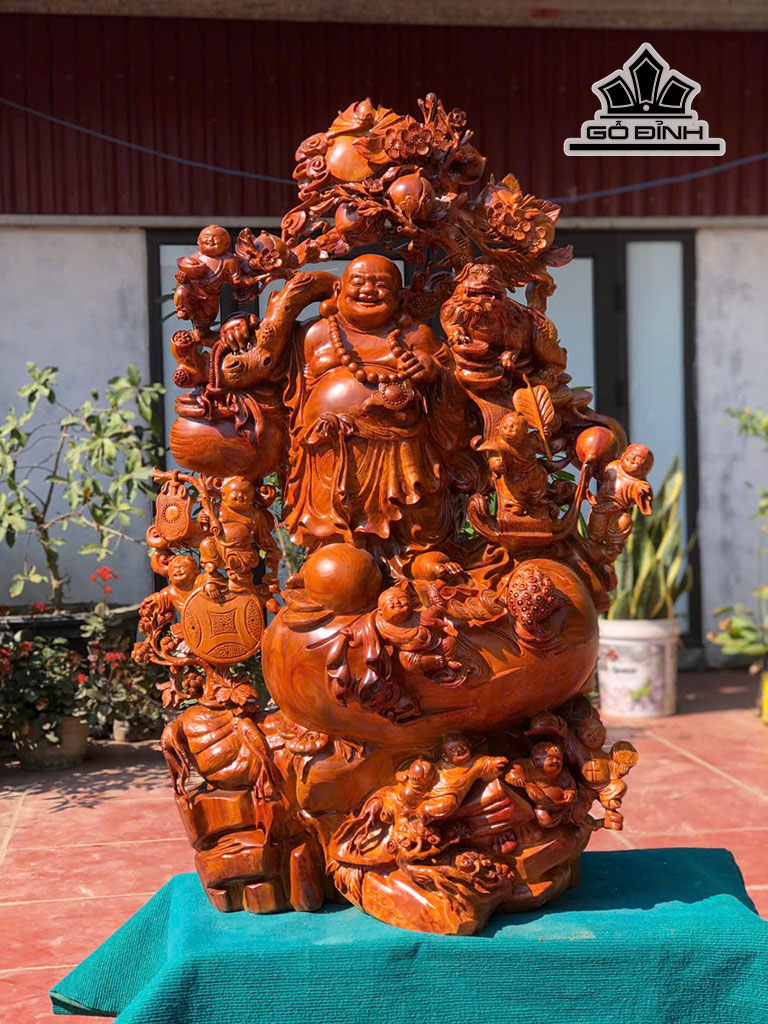 Tượng Phật Di Lặc Cửu Phúc Gỗ Hương Cao 128 Ngang 82 Sâu 45 (cm)
