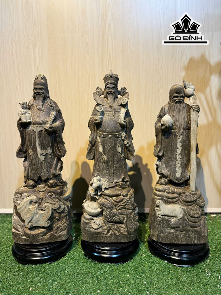 Tượng Phúc Lộc Thọ (Tam Đa) Gỗ Trầm Hương Cao 62 Ngag 20 (cm)