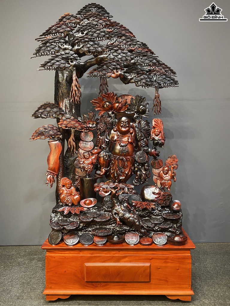 Tượng Phật Di Lặc Ngũ Phúc Gỗ Trắc Cao Cả Kỷ 203 Ngang 106 Sâu 54 (cm) - Kỷ Cao 38 cm)