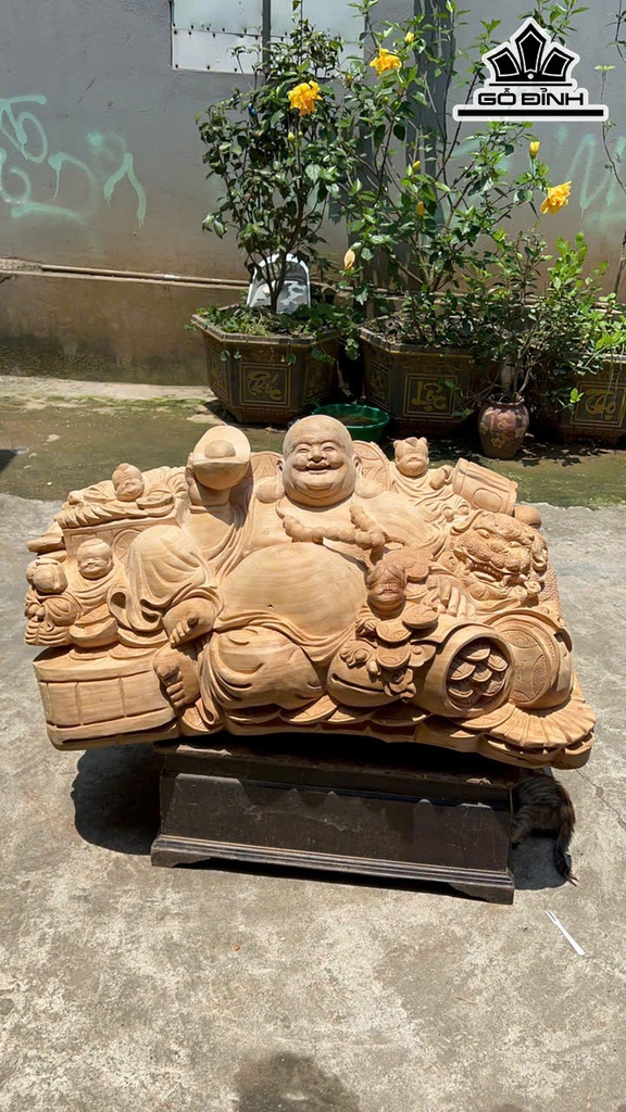 Tượng Phật Di Lặc Ngũ Phúc Gỗ Ngọc Am Cao 50 Ngang 95 Sâu 50 (cm)