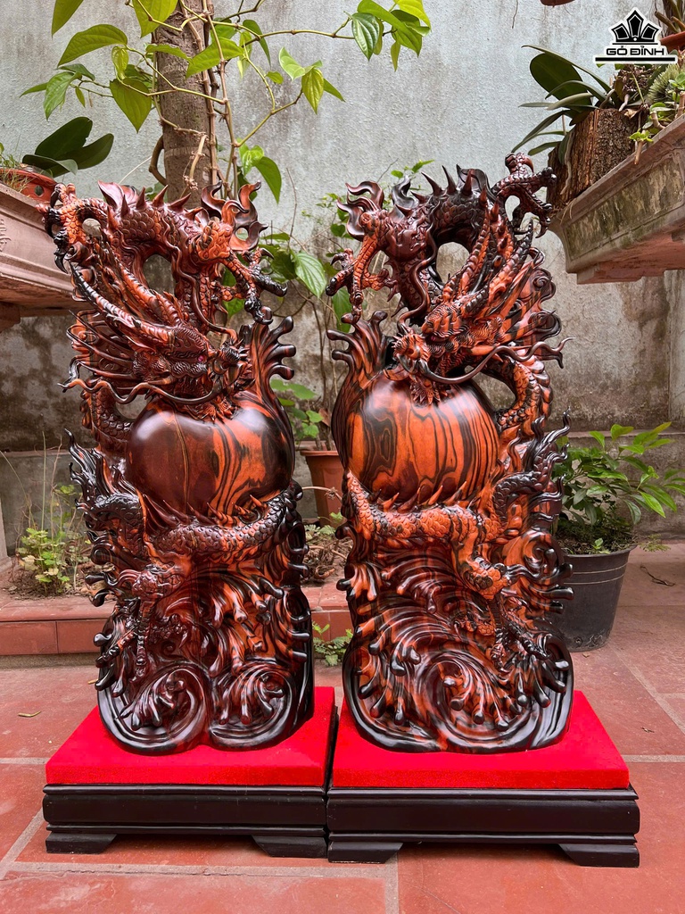Cặp Rồng ( Nhất Long) Gỗ Mun Hoa Cao 62 Ngang 27 Sâu 12 (cm) - Cả Kỷ Cao 72 (cm)