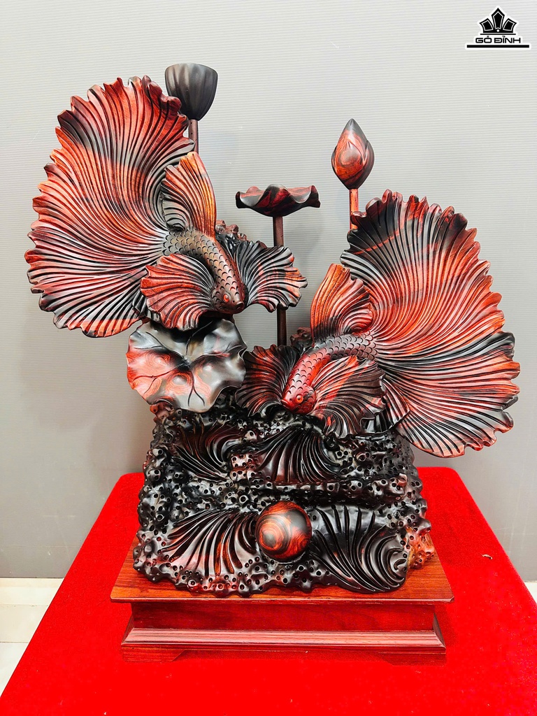 Tượng Cá Xiêm Đôi Gỗ Trắc Cao 72 Ngang 62 Sâu 30 (cm)