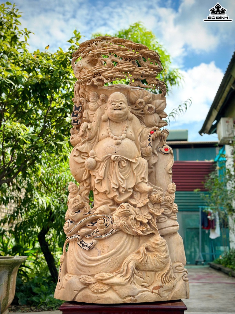Tượng Phật Di Lặc Tam Phúc Gỗ Ngọc Am Cao 154 Ngang 75 Sâu 25 (cm)