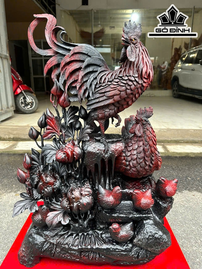 Tượng Gia Đình Gà Gỗ Trắc Cao 74 Ngang 52 Sâu 27 (cm)