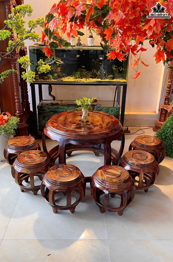 Bộ Đôn 7 Món Gỗ Cẩm Việt Bàn Cao 62 Mặt Bàn Rộng 76  - Ghế Cao 34 - Đường Kính Mặt Ghế Rộng 28 (cm)
