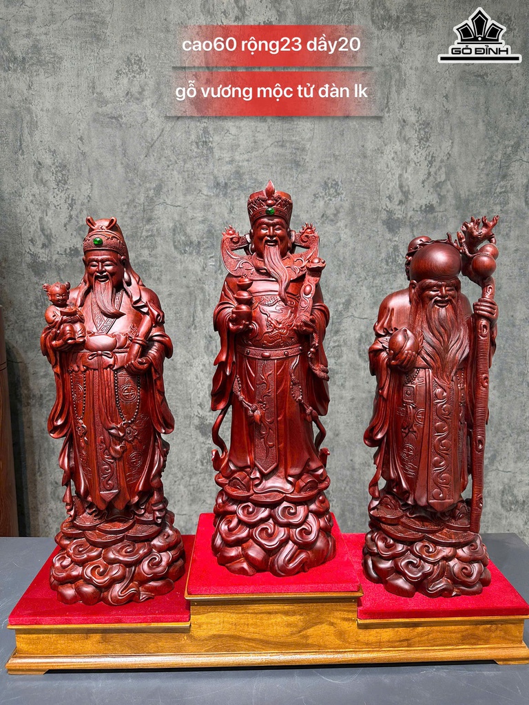Tượng Phúc Lộc Thọ (Tam Đa) Gỗ Tử Đàn Cao 60 Ngang 23 Sâu 20 (cm)