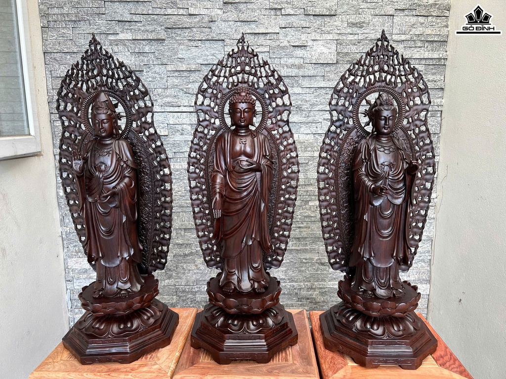 Tây Phương Tam Thánh Gỗ Muồng Đen - Thân Tượng Cao 70 Ngang 30x30 - Cả Hào Quang Cao 81 (cm)