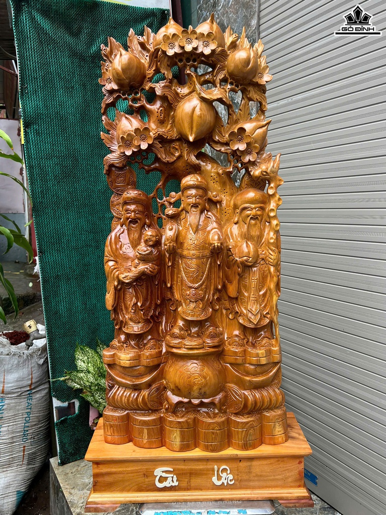 Tượng Phúc Lộc Thọ (Tam Đa) Đứng Gốc Đào Gỗ Ngọc Am Cao 118 Ngang 45 Sâu 20 (cm)