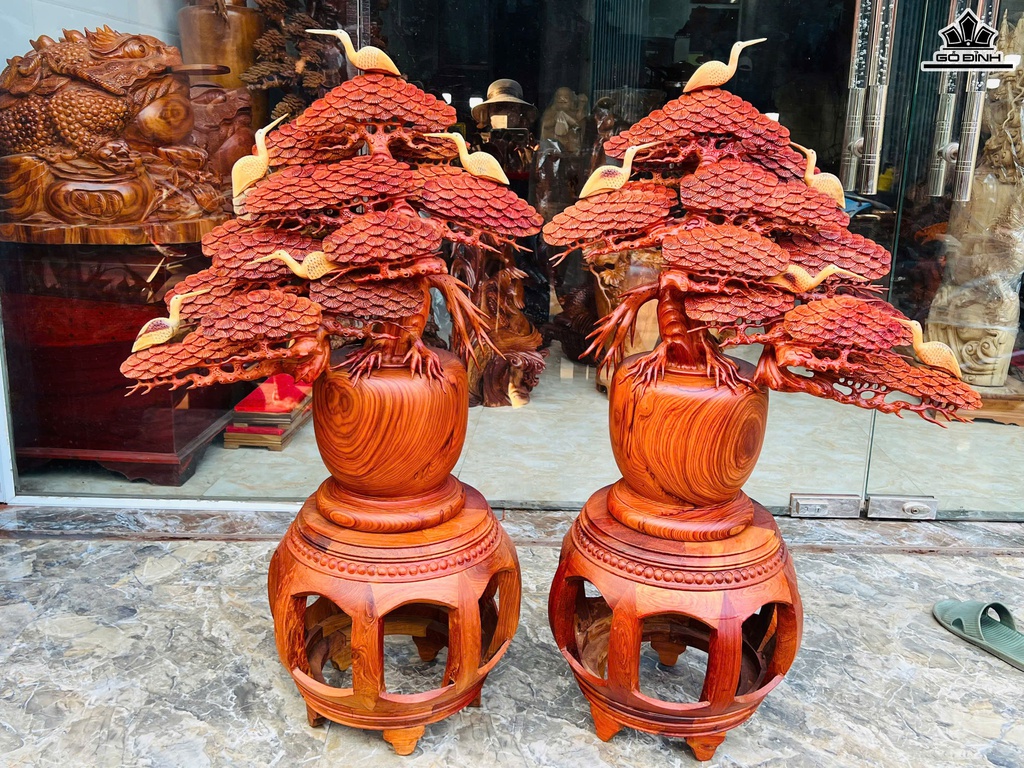 Bình Tùng Hạc Gỗ Cẩm Cao 105 Ngang 62 Sâu 28 (cm) - Kèm Đôn Cao 35 (cm)