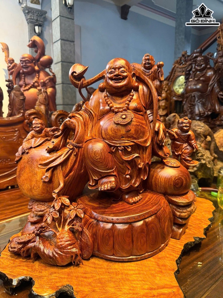 Tượng Phật Di Lặc Tam Phúc Gánh Bao Tiền Gỗ Cẩm Cao 52 Ngang 48 Sâu 30 (cm)