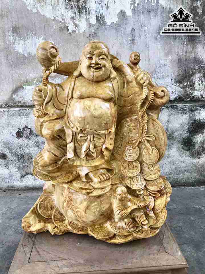 Tượng Phật Di Lặc Vác Gậy Như Ý gỗ nu nghiến  cao 60 rộng 45 dày 15 (cm)