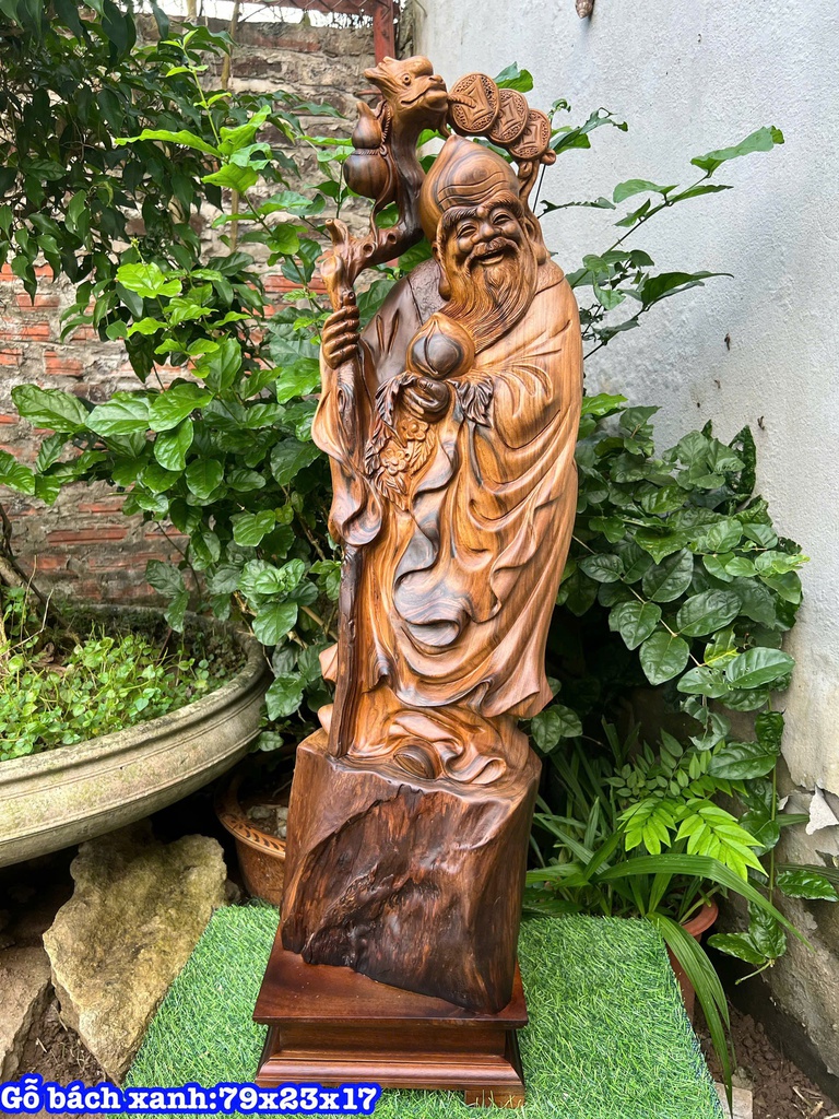 Tượng Ông Thọ Gỗ Bách Xanh Cao 79 Ngang 23 Sâu 17 (cm)