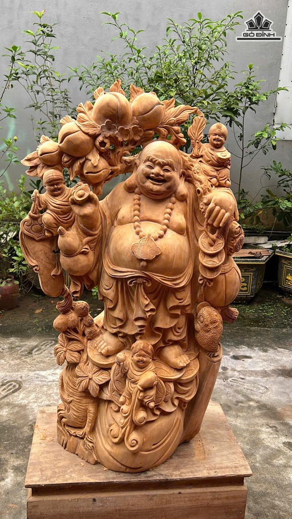 Tượng Phật Di Lặc Tam Phúc Gỗ Ngọc Am Cao 110 Ngang 66 Sâu 36 (cm)