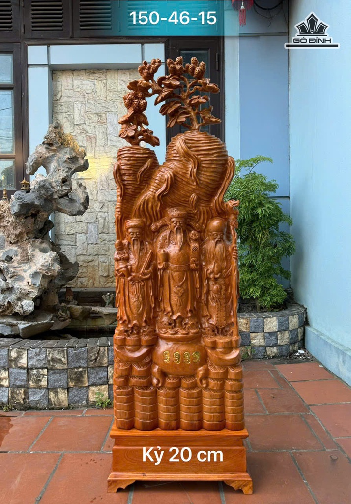 Tượng Phúc Lộc Thọ (Tam Đa) Gỗ Nu Ngọc Am Cao 150 Ngang 46 Sâu 15 (cm)