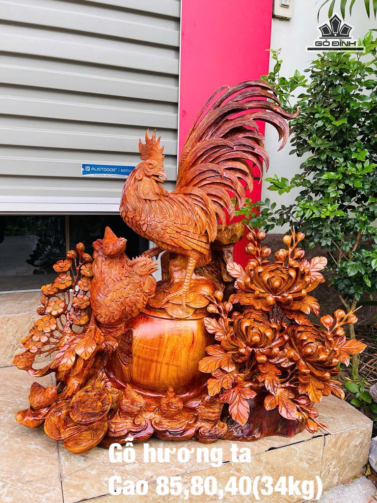 Tượng Gia Đình Gà Gỗ Hương Cao 85 Ngang 80 Sâu 40 (cm)