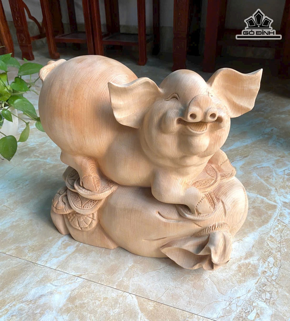 Tượng Heo Gỗ Ngọc Am Cao 32 Ngang 36 Sâu 22 (cm)