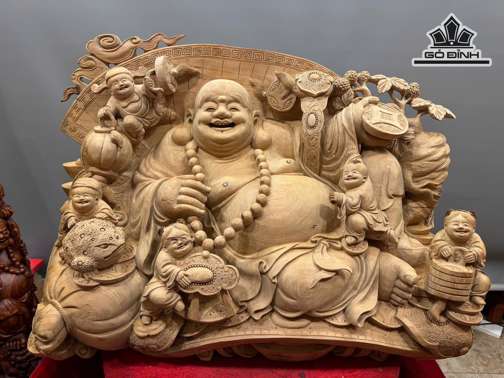 Tượng Phật Di Lặc Ngũ Phúc Gỗ Bách Xanh Cao 55 Ngang 79 Sâu 34 (cm) - 45kg