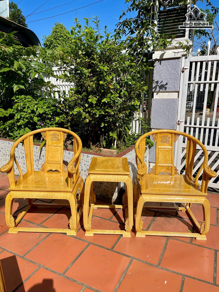 Bộ Minh Đế - Ghế Gỗ Gỗ Bằng Lăng Cao 117 Ngang 61 Sâu 50 (cm) Cao Đến Mặt Ngồi 47 - Đôn Kẹp Cao 65 Ngang 39 Sâu 49 (cm) - Ván Đều 1,5 (cm)