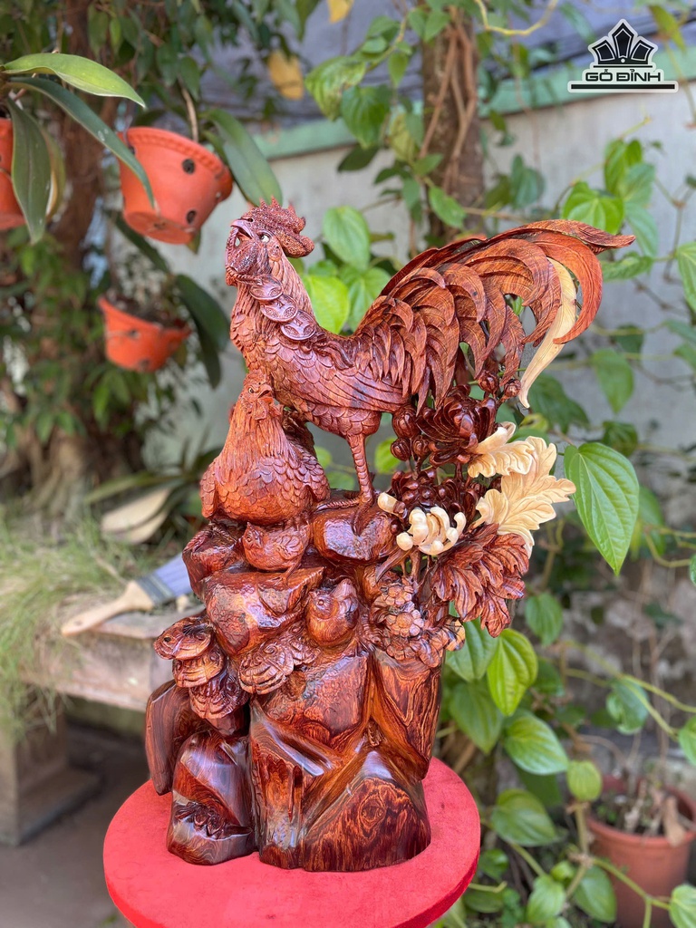 Tượng Gia Đình Gà Gỗ Cẩm Cao 68 Ngang 43 Sâu 25 (cm)