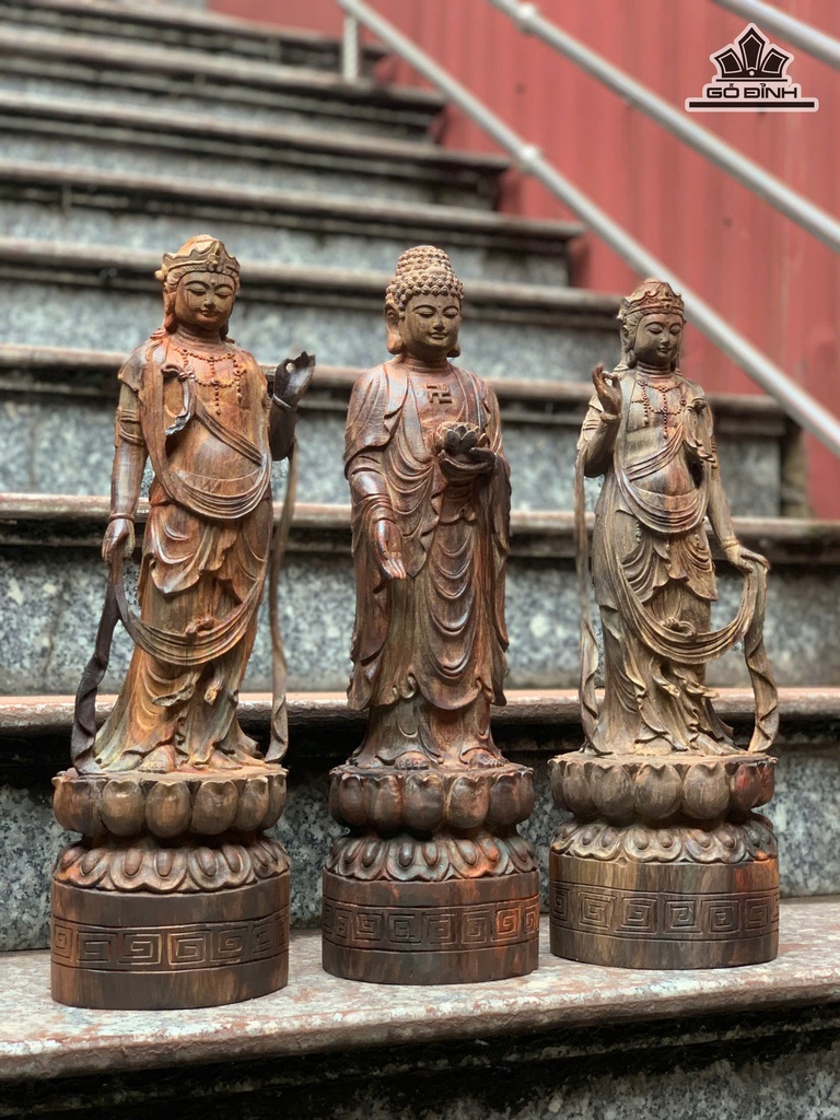 Tượng Tam Thế Phật Gỗ Trắc Cao 45 Ngang 16 Sâu 15 (cm)