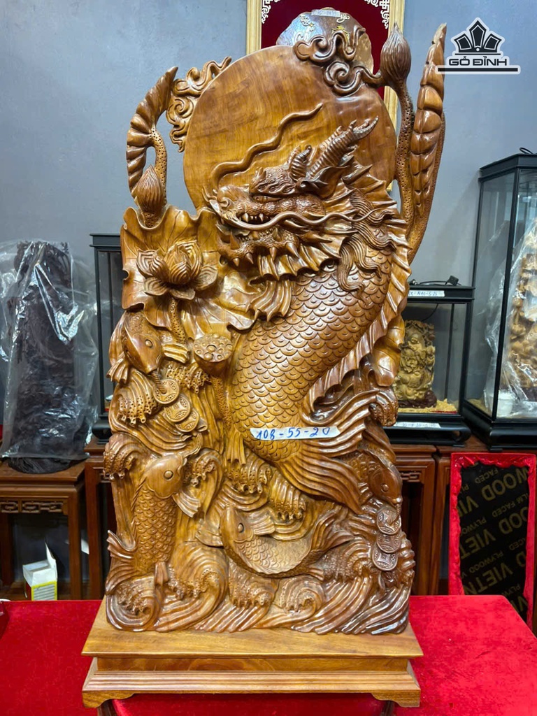 Tượng Cá Chép Hóa Rồng Gỗ Ngọc Am Cao 108 Ngang 55 Sâu 20 (cm)