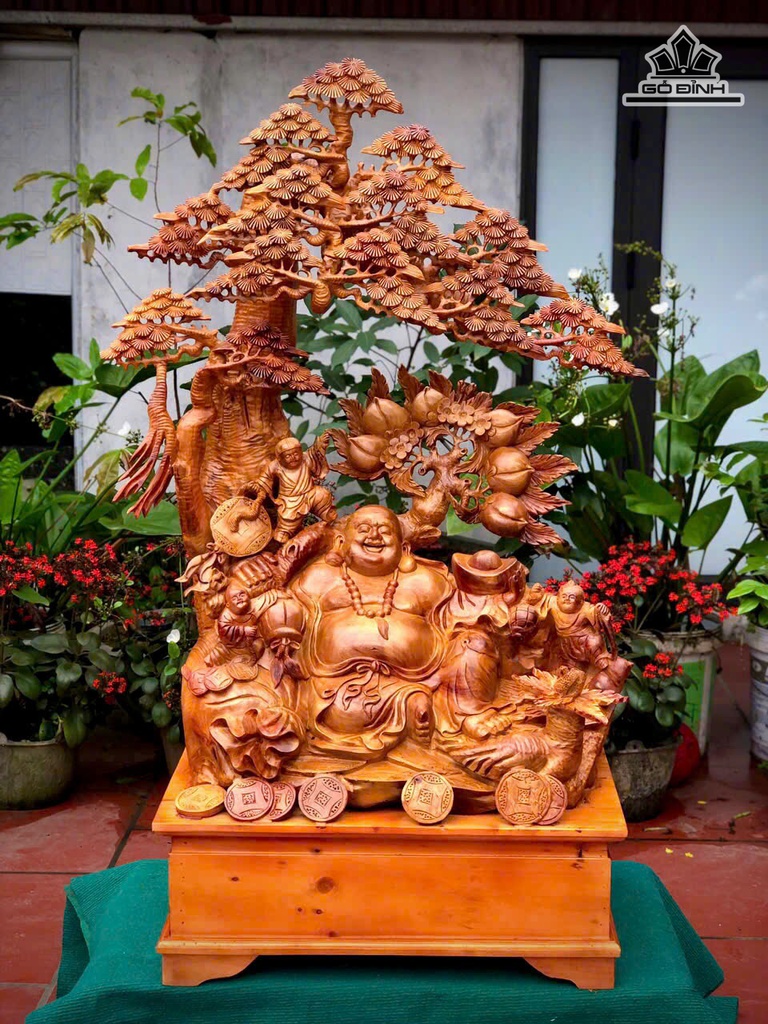 Tượng Phật Di Lặc Tam Phúc Gỗ Hương Cao 131 Ngang 68 Sâu 47 (cm)