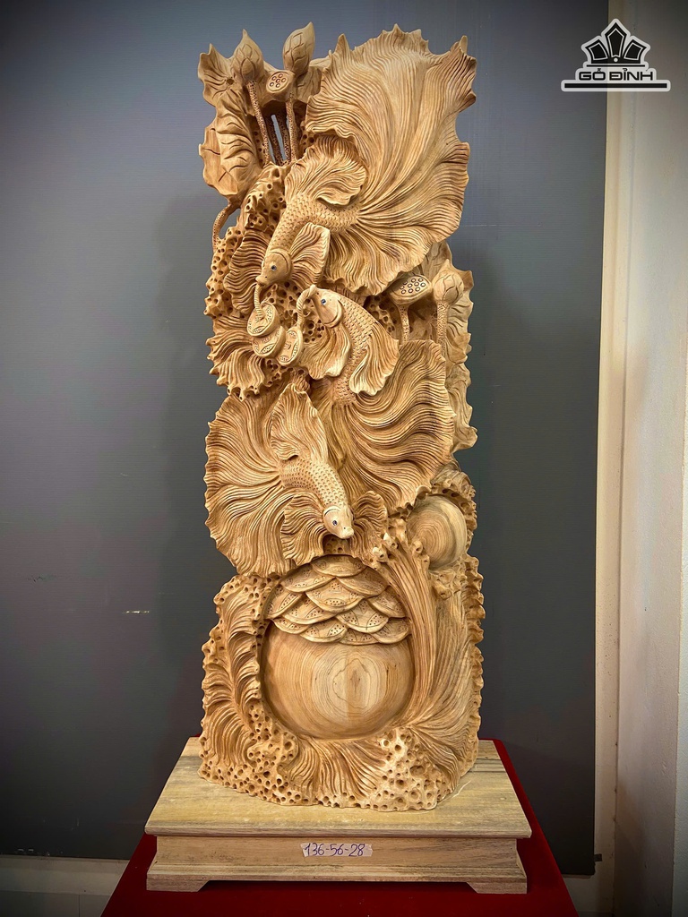 Tượng Tam Ngư Vờn Ngọc Gỗ Ngọc Am Cao 136 Ngang 56 Sâu 28 (cm)