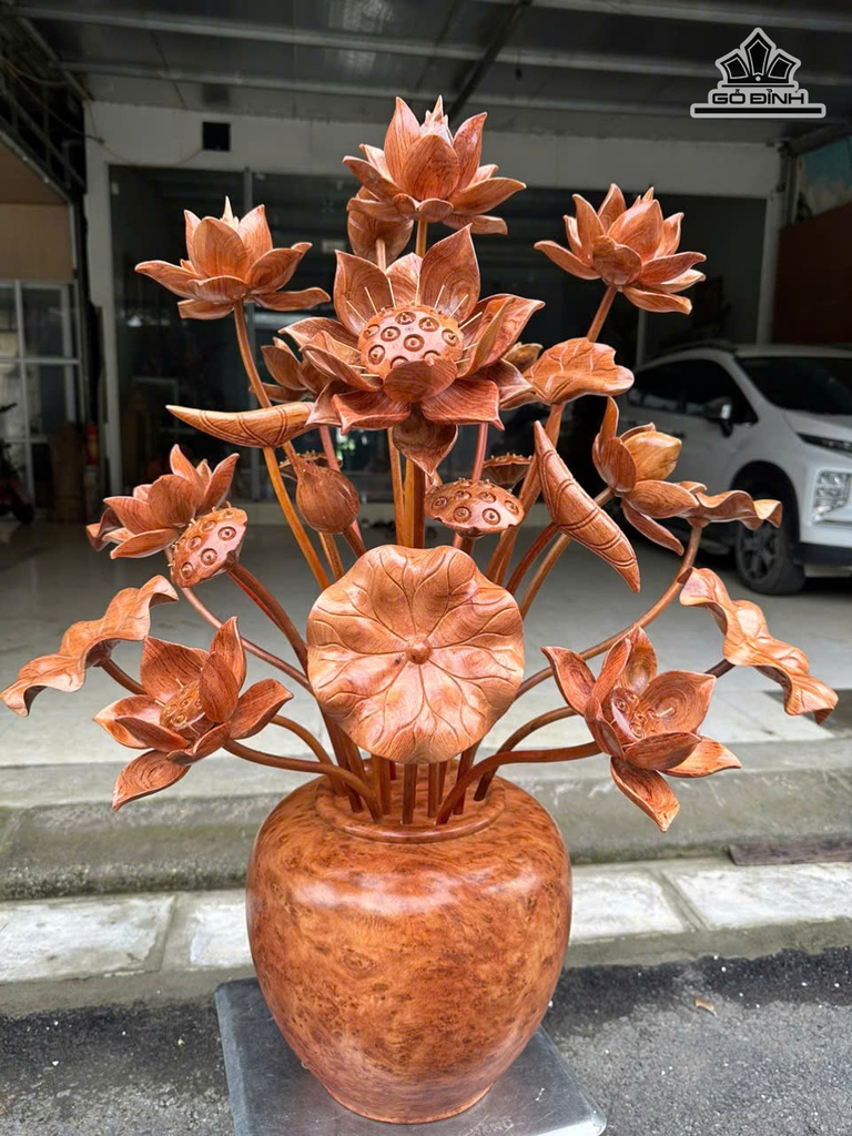 Bình Hoa Sen Gỗ Hương Đá 25 Cành Coa 90 Ngang 70 - Đường Kính Bình 30 Cao 29 (cm)