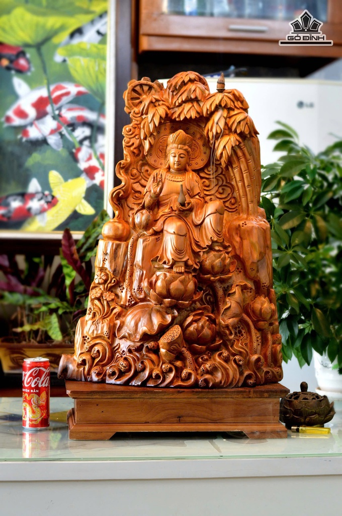 Tượng Phật Bà Quan Âm Gỗ Ngọc Am Cao Cả Kỷ 75 Ngang 48 Sâu 21 (cm) - Kỷ Cao 10 (cm)