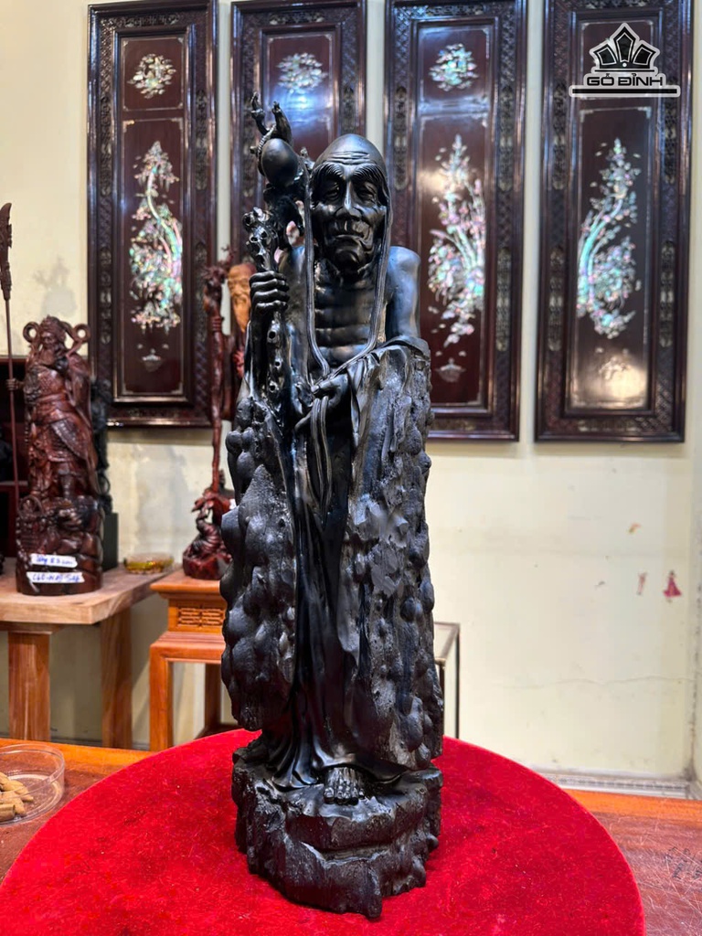 Tượng La Hán Trường My Gỗ Mun Sừng Cao 58 Ngang 16 Sâu 13 (cm) - Kỷ Gỗ Trắc 9,5 Vuông 22 (cm)