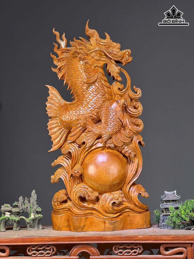Tượng Cá Chép Hóa Rồng Gỗ Ngọc Am Cao 88 Ngang 43 Sâu 17 (cm)