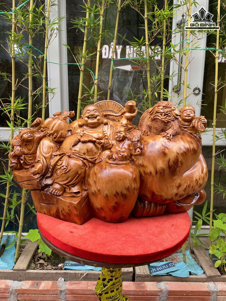 Tượng Phật Di Lặc Tam Phúc Gỗ Nu Ngọc Am Cao 28 Ngang 55 Sâu 24 (cm)