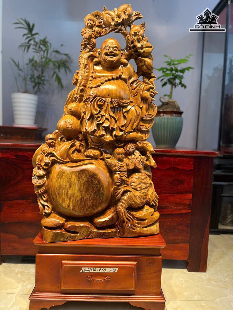 Tượng Phật Di Lặc Tam Phúc Gỗ Ngọc Am Cao 106 Ngang 59 Sâu 29 (cm) - Cả Kỷ 136