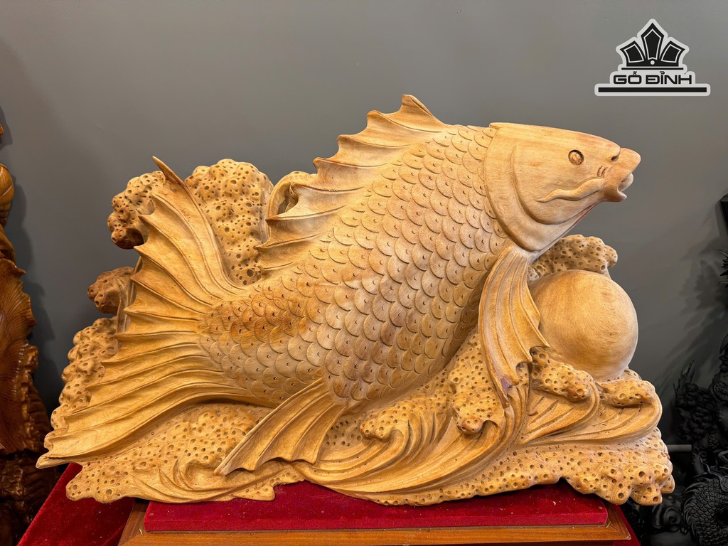 Tượng Cá Chép Tài Lộc Gỗ Ngọc Am Cao 36 Ngang 74 Sâu 39 (cm) - 34kg