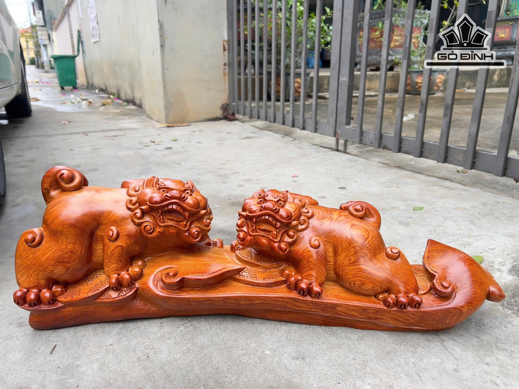 Tượng Song Nghê Gỗ Hương Cao 25 Ngang 72 Sâu 15 (cm) - 11kg