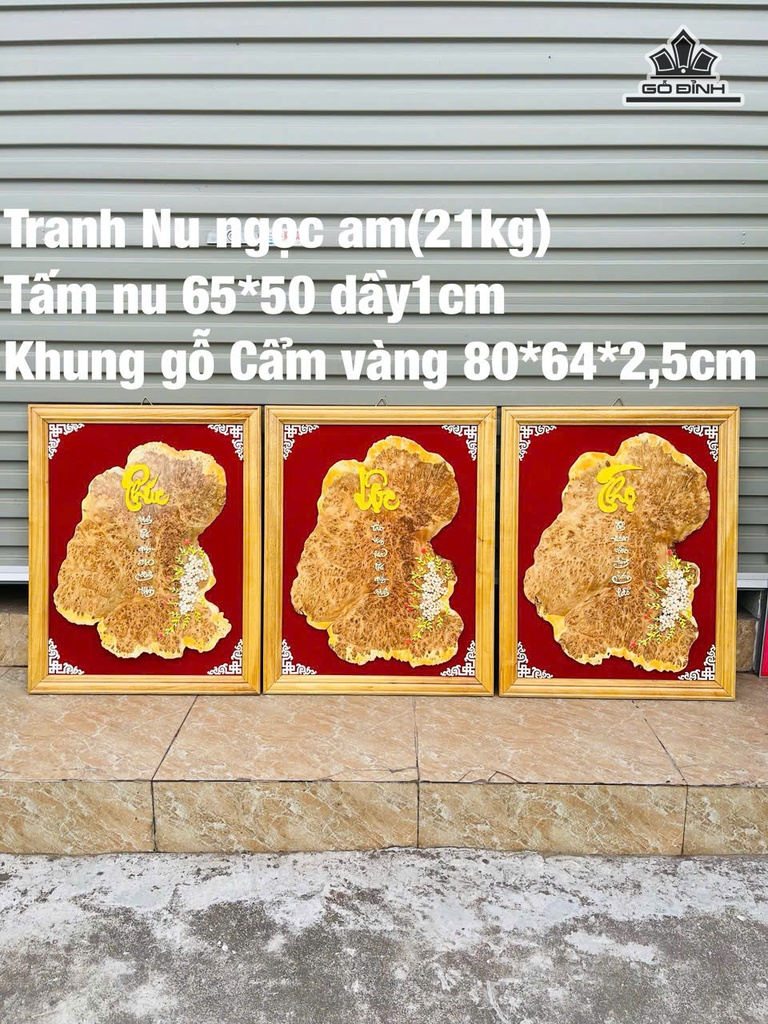 Tranh Phúc Lộc Thọ Gỗ Nu Ngọc Am Cao 65 Ngang 50 Dày 1 (cm) - Khung Gỗ Cẩm Vàng Cao 80x64x2,5 (cm) - 21kg