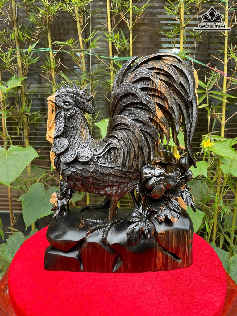 Tượng Gà Trống Gỗ Mun Hoa Cao 37 Ngang 27 Sâu 12 (cm)