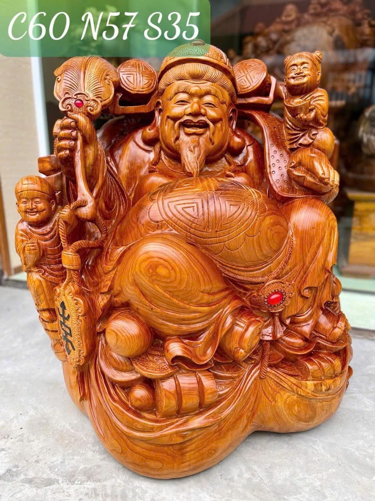 Tượng Thần Tài Gỗ Ngọc Am Cao 60 Ngang 57 Sâu 35 (cm)