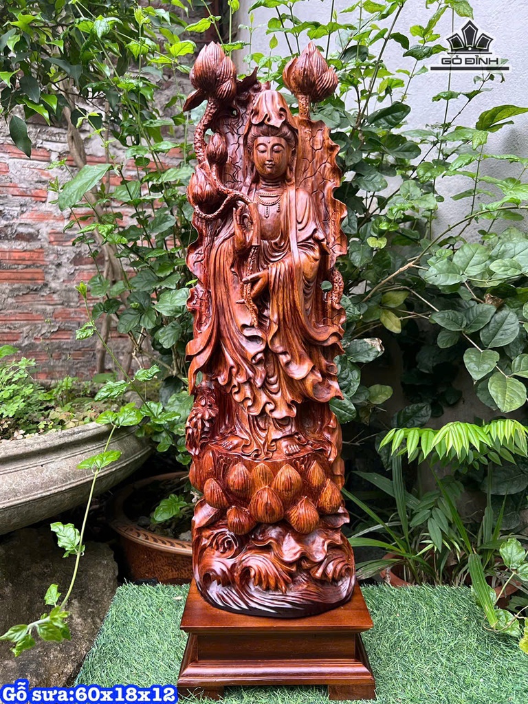 Tượng Phật Bà Quan Âm Gỗ Sưa Cao 60 Ngang 18 Sâu 12 (cm)