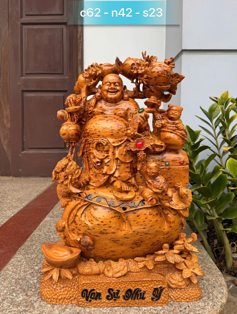 Tượng Phật Di Lặc Nhị Phúc Vác Đào Gỗ Nu Ngọc Am Cao 62 Ngang 42 Sâu 23 (cm)