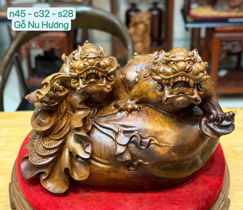 Tượng Song Nghê Gỗ Nu Hương Cao 32 Ngang 45 Sâu 28 (cm) - 19kg