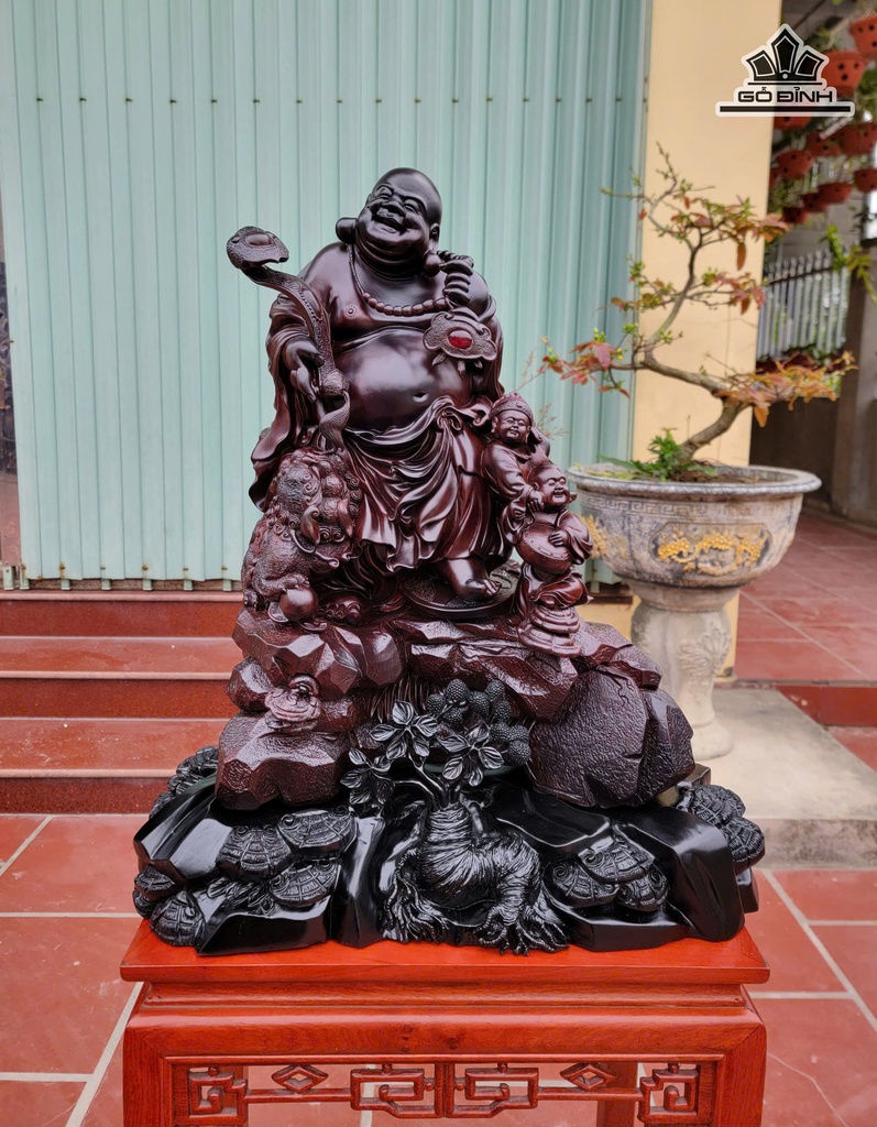 Tượng Phật Di Lặc Thuần Nghê Gỗ Trắc Cao 55 Ngang 43 Sâu 22 (cm) - Có Kỷ Cao 65 Ngang 56 Sâu 35 (cm)