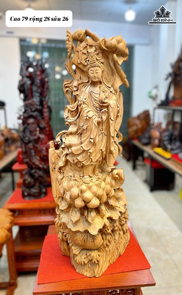 Tượng Phật Bà Quan Âm Gỗ Bách Xanh Cao 79 Ngang 28 Sâu 26 (cm)