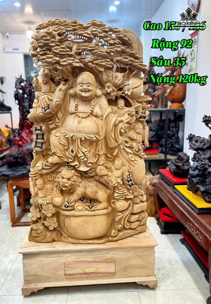Tượng Phật Di Lặc Ngũ Phúc Đứng Tùng Gỗ Ngọc Am Cao 150 - Cả Kỷ 186 Ngang 92 Sâu 35 (cm) - 120kg