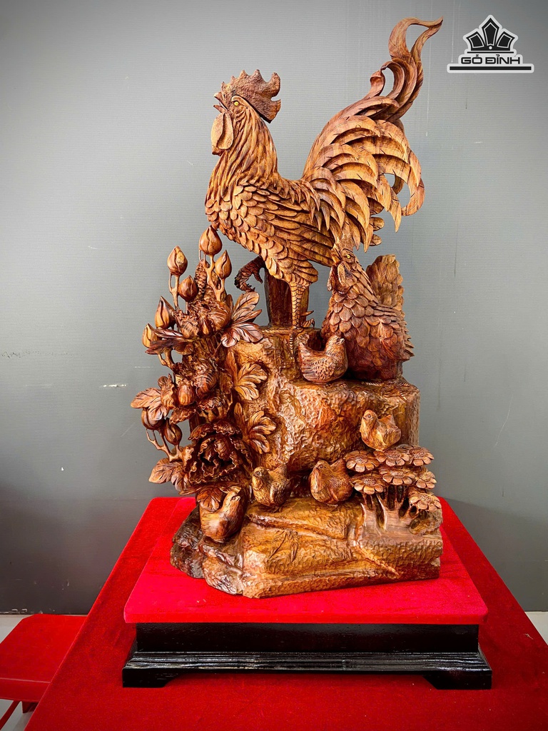 Tượng Gia Đình Gà Gỗ Sưa Cao 92 Ngang 50 Sâu 36 (cm)