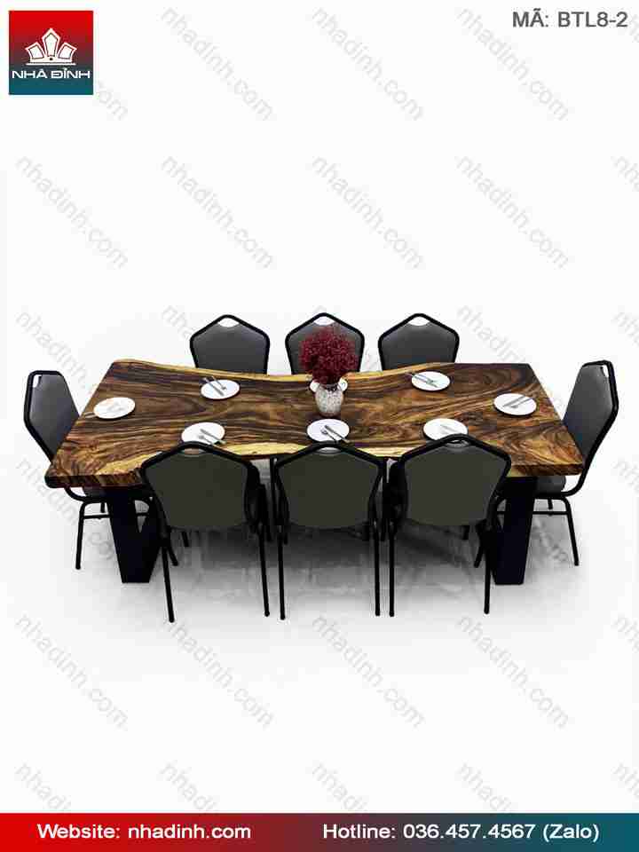  Bộ Bàn Ăn 8 Ghế Gỗ Me Tây Nguyên Tấm  dài 2100 rộng 845-680-1000 dày 63 (mm)