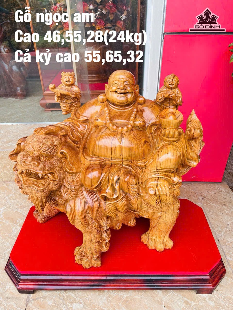 Tượng Phật Di Lặc Ngự Nghê Gỗ Ngọc Am Cao 46 Ngang 55 Sâu 28 (cm) - 24kg Cả Kỷ Cao 55 Ngang 65 Sâu 32 (cm)