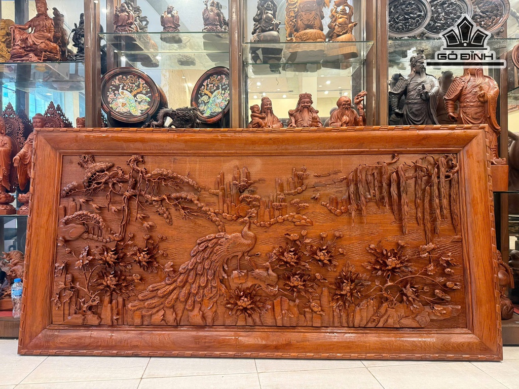 Tranh Phù Dung Chim Công Gỗ Hương Dài 225 Cao 115 Dày 8 (cm)