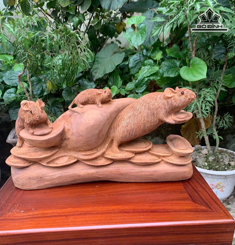 Tượng Gia Đình Chuột Gỗ Hương Cao 20 Ngang 50 Sâu 12 (cm)