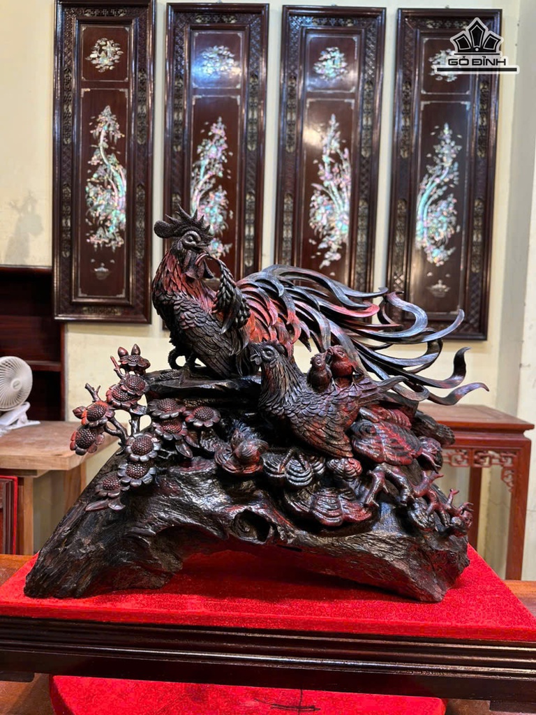 Tượng Gia Đình Gà Gỗ Trắc Cao 100 Ngang 51 Sâu 30 (cm) - Kỷ 8 - 56 -28